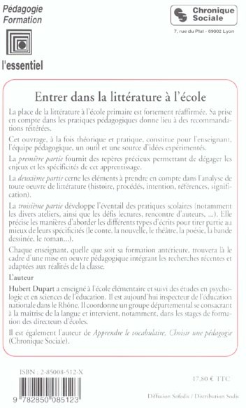 Quatrième de couverture de « ENTRER DANS LA LITTERATURE A L'ECOLE »