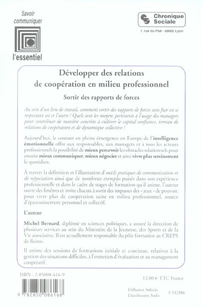 Quatrième de couverture de « DEVELOPPER DES RELATIONS DE COOPERATION EN MILIEU PROFESS »