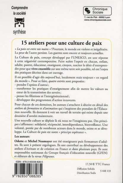 Quatrième de couverture de « 15 ATELIERS POUR UNE CULTURE DE PAIX »