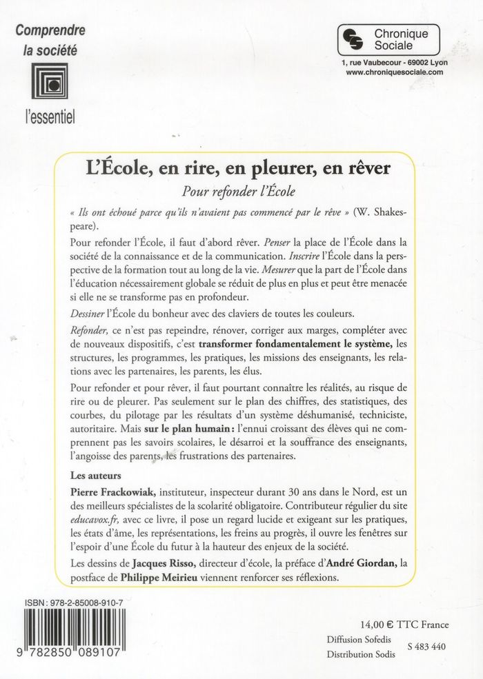 Quatrième de couverture de « ECOLE EN RIRE EN PLEURER EN REVER »