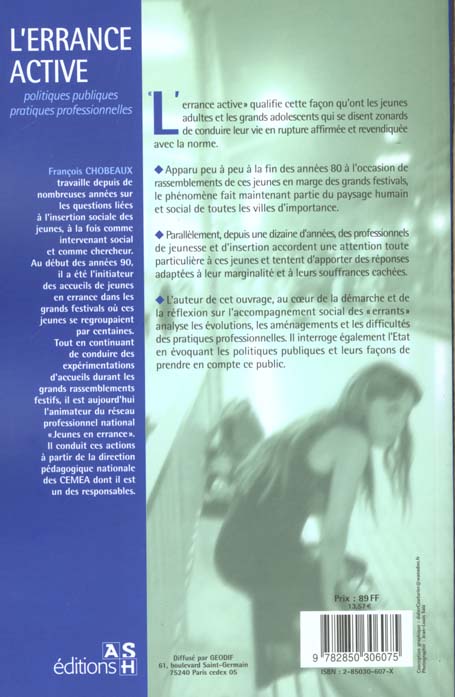 Quatrième de couverture de « ERRANCE ACTIVE - POLITIQUE PUBLIQUES PRATIQUES PROFESSIONNELLES »