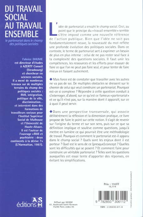 Quatrième de couverture de « TRAVAIL SOCIAL AU TRAVAIL ENSEMBLE »