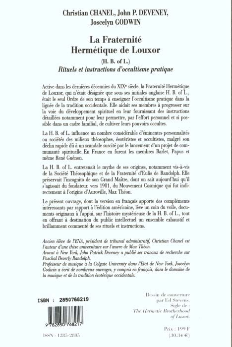Quatrième de couverture de « LA FRATERNITE HERMETIQUE DE LOUXOR - RITUELS ET INTRUCTIONS D'OCCULTISME POLITIQUE »