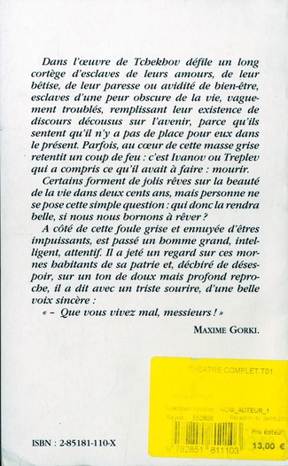 Quatrième de couverture de « THEATRE T1 TCHEKHOV »
