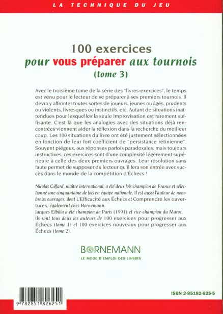 Quatrième de couverture de « 100 EXERCICES POUR VOUS PREPARER AUX TOURNOIS »