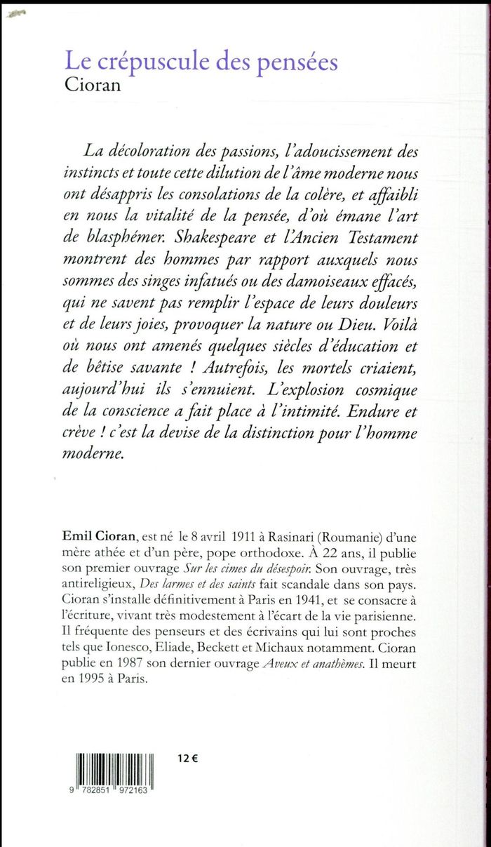 Quatrième de couverture de « LE CREPUSCULE DES PENSEES »