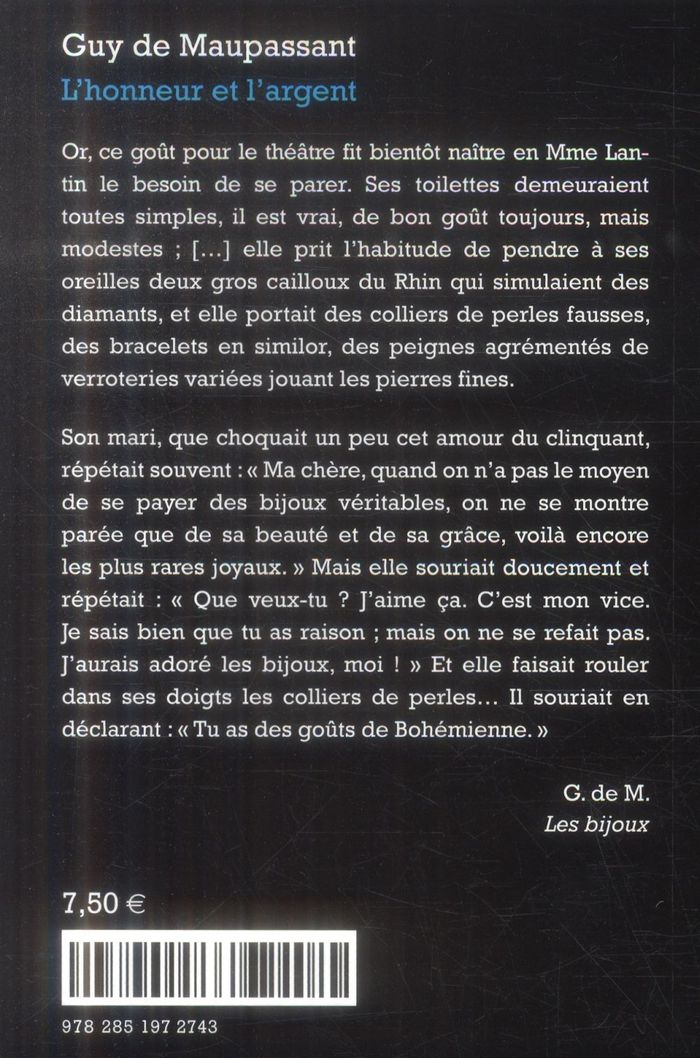 Quatrième de couverture de « L'honneur et l'argent »