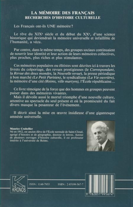 Quatrième de couverture de « LA MEMOIRE DES FRANCAIS - RECHERCHES D'HISTOIRE CULTURELLE - KRONOS N 11 »