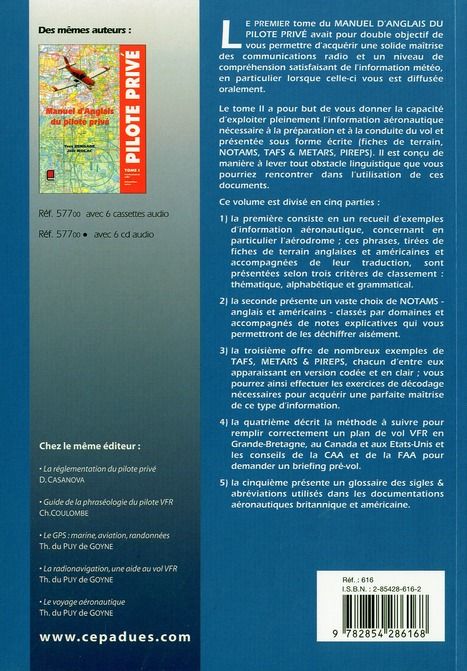 Quatrième de couverture de « MANUEL D'ANGLAIS DU PILOTE PRIVE VOLUME 2, INFORMATION AERONAUTIQUE »