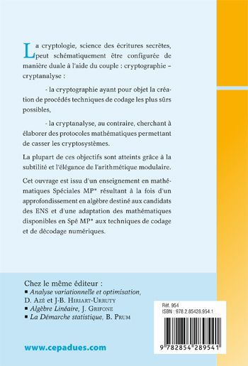 Quatrième de couverture de « ARITHMETIQUE MODULAIRE ET CRYPTOLOGIE »