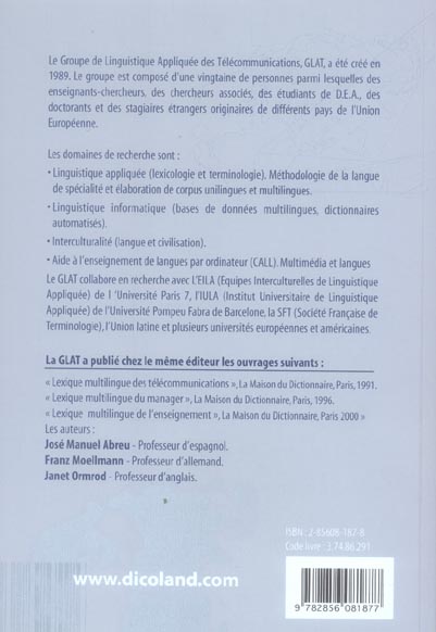 Quatrième de couverture de « LEXIQUE MULTILINGUE DES TECHNOLOGIES DE L'INFORMATION FR/ANG/ALL/ESP »