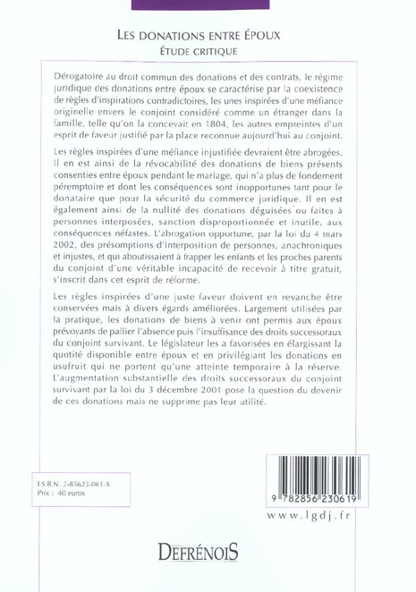 Quatrième de couverture de « LES DONATIONS ENTRE EPOUX. ETUDE CRITIQUE - VOL03 »