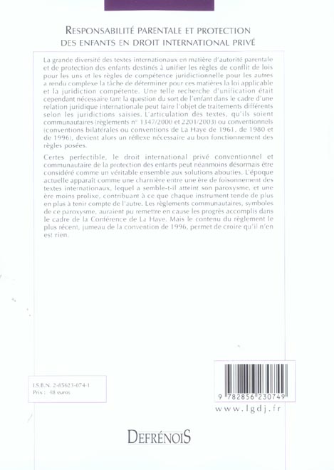 Quatrième de couverture de « RESPONSABILITE PARENTALE ET PROTECTION DES ENFANTS EN DROIT INTERNATIONAL PRIVE - VOL09 »