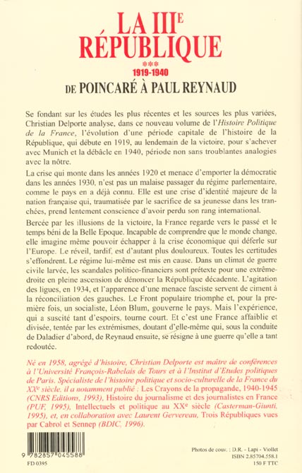 Quatrième de couverture de « LA IIIE REPUBLIQUE - VOL03 - DE POINCARE A PAUL REYNAUD, 1920-1940 »