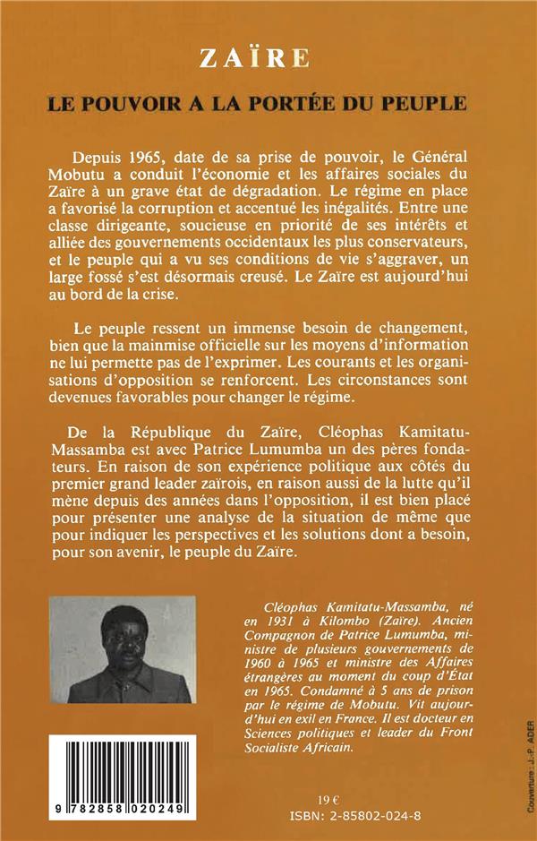 Quatrième de couverture de « ZAIRE, LE POUVOIR A LA PORTEE DU PEUPLE »