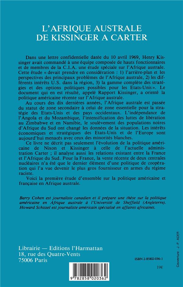 Quatrième de couverture de « L'AFRIQUE AUSTRALE, DE KISSINGER A CARTER »