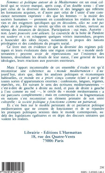 Quatrième de couverture de « FEMMES ET POLITIQUE AUTOUR DE LA MEDITERRANEE »