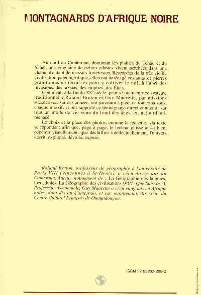 Quatrième de couverture de « MONTAGNARDS D'AFRIQUE NOIRE - LES HOMMES DE LA PIERRE ET DU MIL - HAUT-MANDARA, NORD-CAMEROUN »