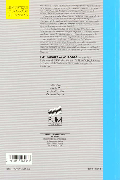 Quatrième de couverture de « LINGUISTIQUE ET GRAMMAIRE DE L'ANGLAIS »
