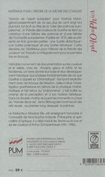 Quatrième de couverture de « MATERIAUX POUR L'HISTOIRE DE LA THEORIE DES COULEURS »