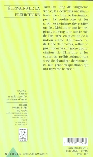 Quatrième de couverture de « ECRIVAINS DE LA PREHISTOIRE »