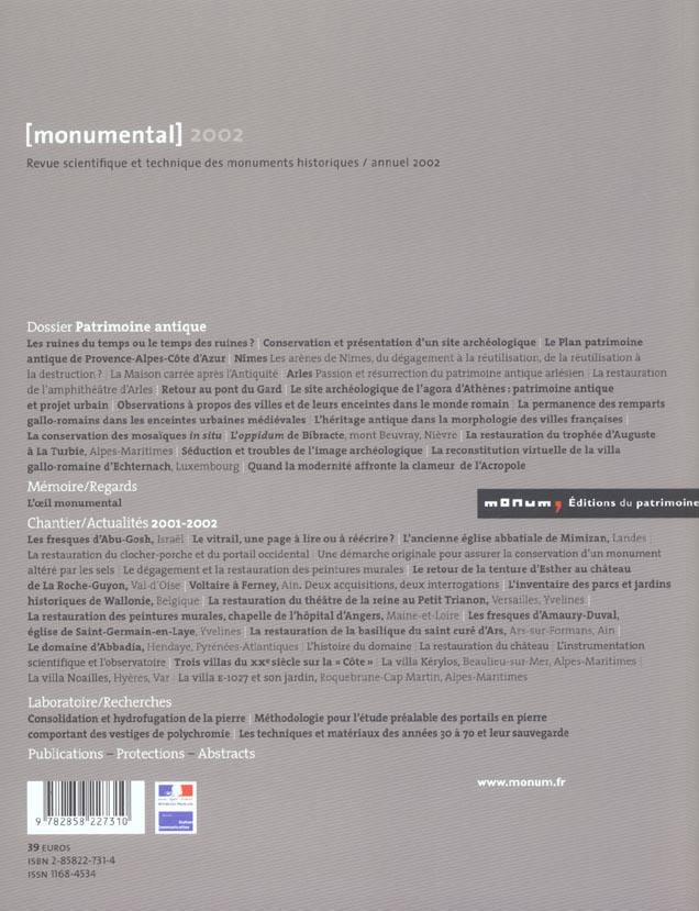 Quatrième de couverture de « MONUMENTAL ANNUEL 2002. DOSSIER "PATRIMOINE ANTIQUE" »