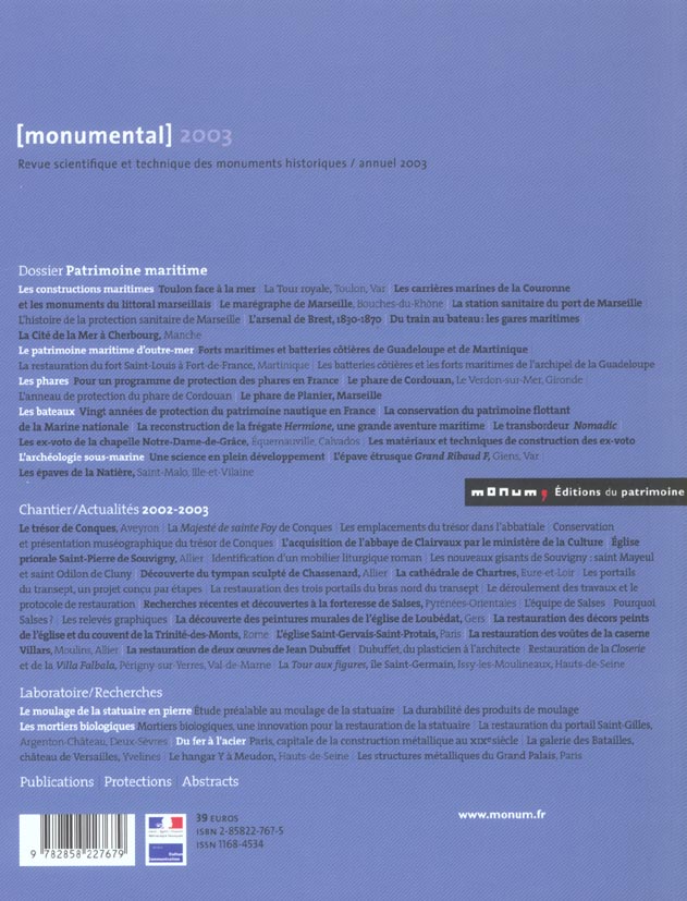 Quatrième de couverture de « MONUMENTAL 2003. DOSSIER PATRIMOINE MARITIME »