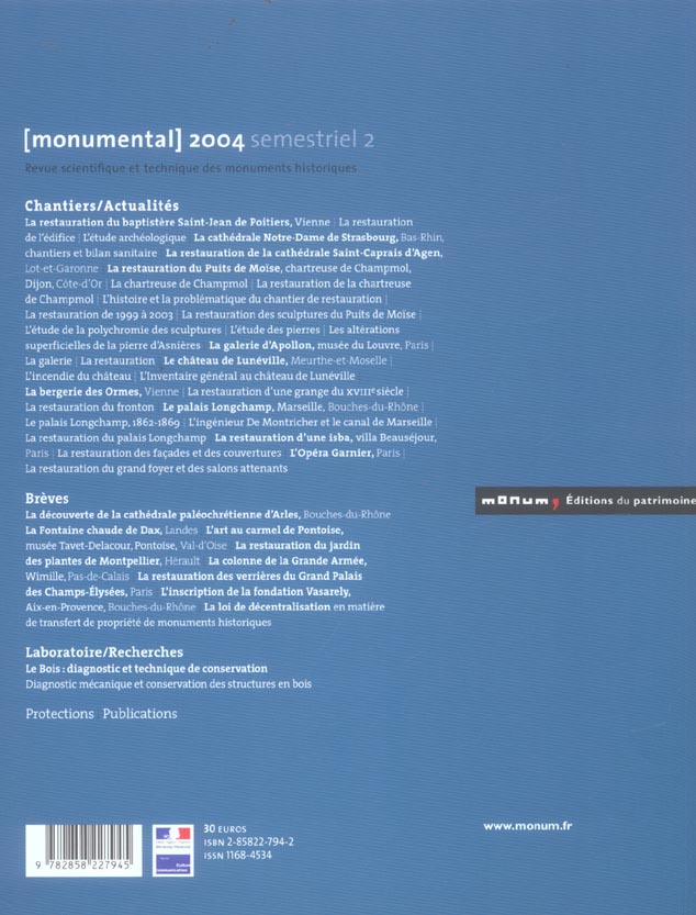 Quatrième de couverture de « MONUMENTAL 2004 2E SEMESTRE. DOSSIER "CHANTIERS/ACTUALITES" »
