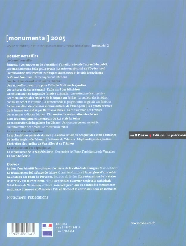 Quatrième de couverture de « MONUMENTAL 2005 2E SEMESTRE. THEMATIQUE "VERSAILLES" »