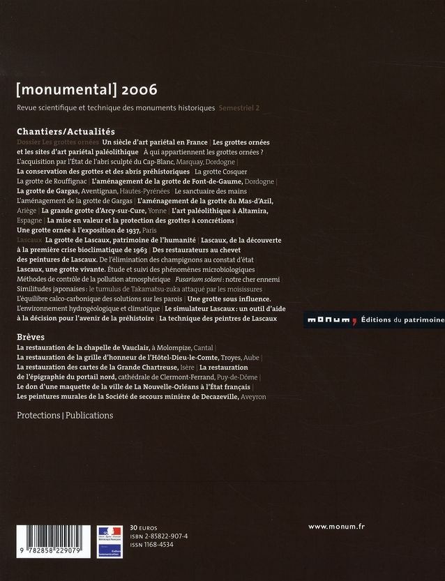 Quatrième de couverture de « MONUMENTAL 2006 2EME SEMESTRE. THEMATIQUE GROTTES »