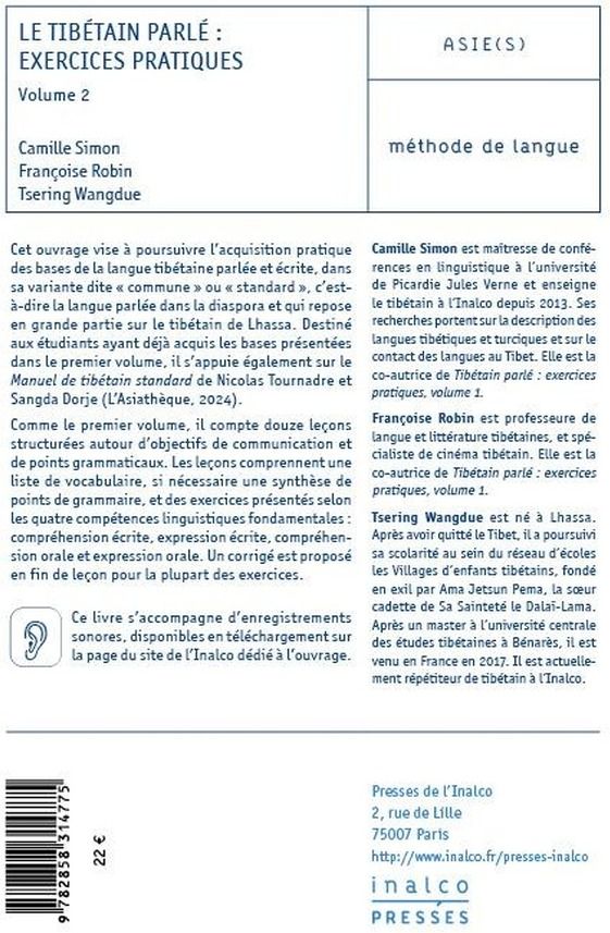 Quatrième de couverture de « Le tibétain parlé : exercices pratiques »
