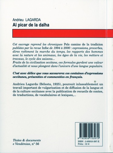 Quatrième de couverture de « AL PICAR DE LA DALHA DIRES ET EXPRESSIONS DU PAYS D'OC »
