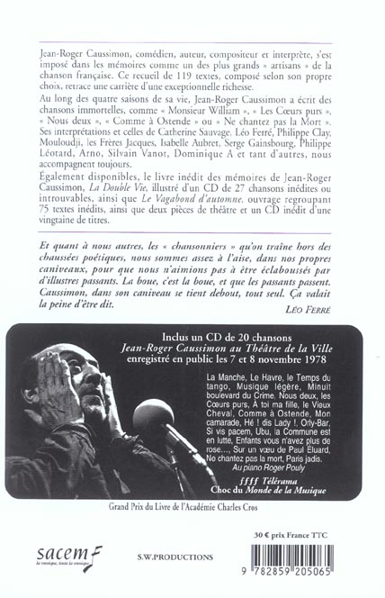 Quatrième de couverture de « MES CHANSONS DES QUATRE SAISONS »