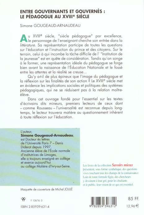 Quatrième de couverture de « ENTRE GOUVERNANTS ET GOUVERNES - LE PEDAGOGUE AU XVIIIE SIECLE »