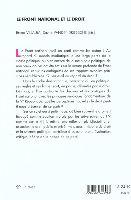 Quatrième de couverture de « LE FRONT NATIONAL AU REGARD DU DROIT »