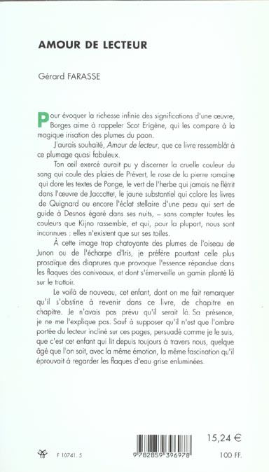 Quatrième de couverture de « AMOUR DE LECTEUR - DESNOS, DHAINAUT, JACOTTET, JOUANARD, KIJNO, PONGE, PREVERT, QUIGNARD, RICHARD, S »