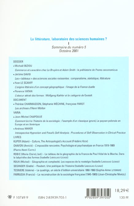 Quatrième de couverture de « RHSH N 5 - LA LITTERATURE, LABORATOIRE DES SCIENCES HUMAINES ? »