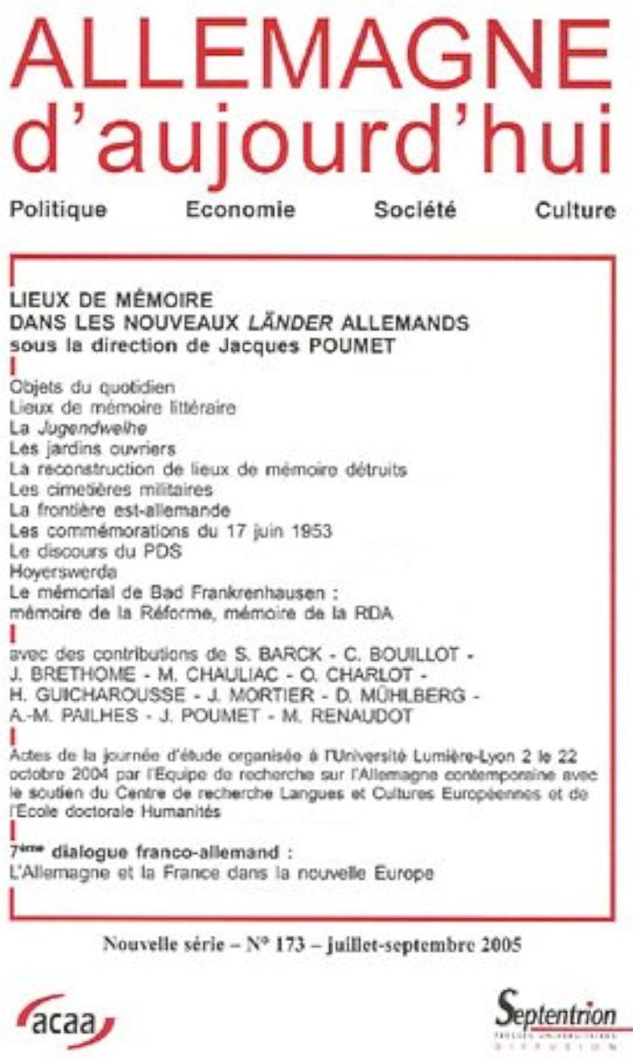 Couverture du livre « ALLEMAGNE D'AUJOURD'HUI, N 173/JUIL.-SEPT. 2005 » de Jacques Poumet, librairie Les Contes Infusés à Corte