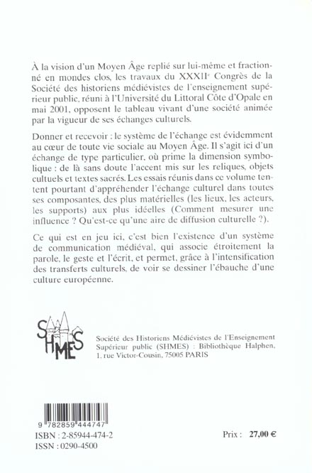 Quatrième de couverture de « LES ECHANGES CULTURELS AU MOYEN AGE »