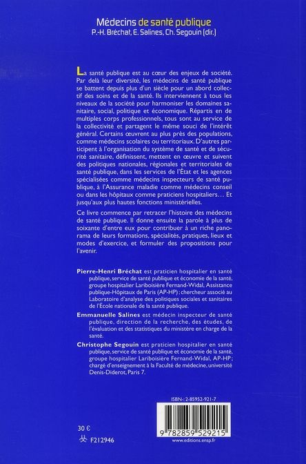 Quatrième de couverture de « MEDECINS DE SANTE PUBLIQUE »