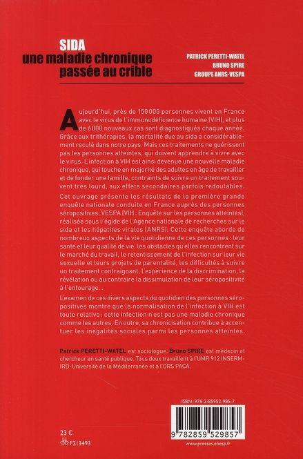 Quatrième de couverture de « SIDA, UNE MALADIE CHRONIQUE PASSEE AU CRIBLE ENQUETE NATIONALE SUR LE QUOTIDIEN DES PERSONNES INFECT »