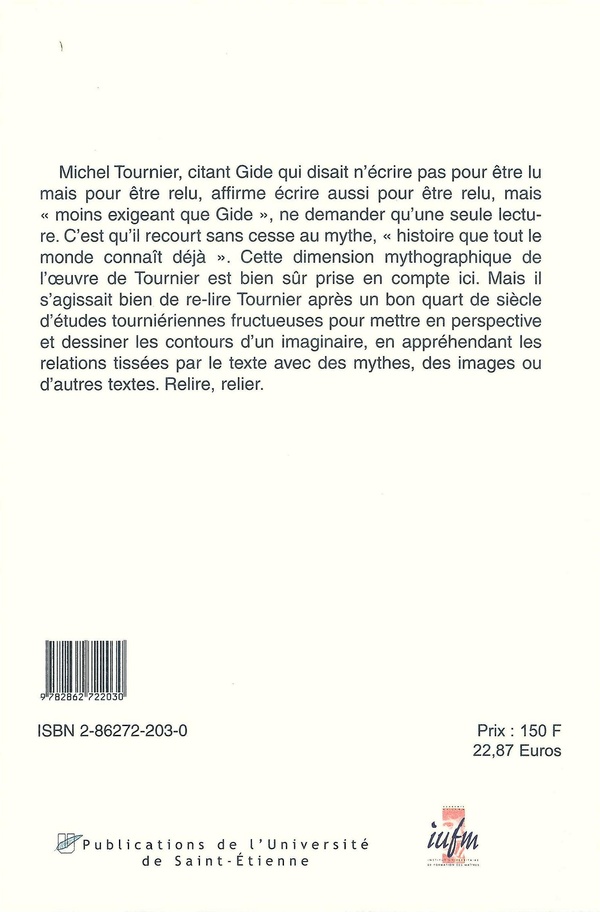 Quatrième de couverture de « RELIRE TOURNIER »