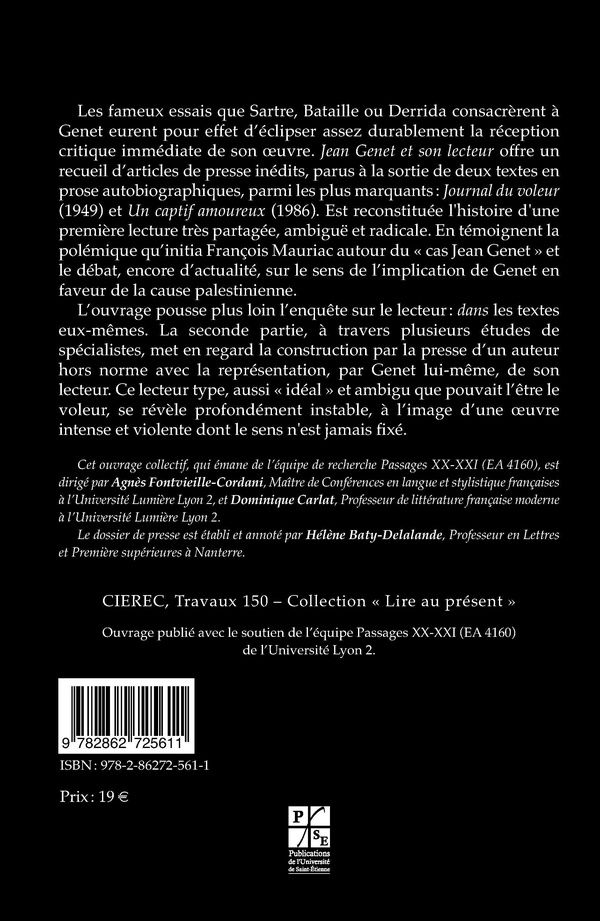 Quatrième de couverture de « JEAN GENET ET SON LECTEUR »