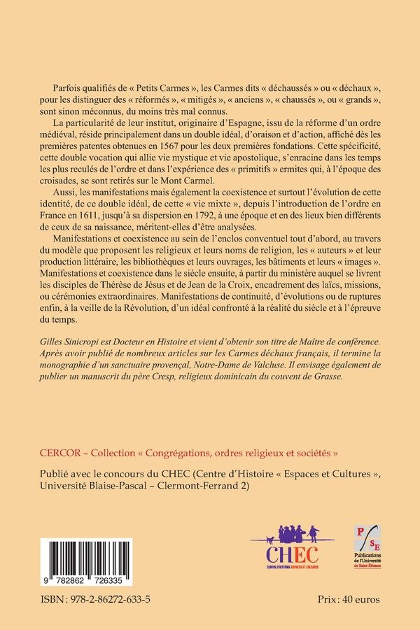 Quatrième de couverture de « D ORAISON ET D'ACTION. LES CARMES DECHAUX EN FRANCE AUX XVIIE ET XVIIIE SIECLES »