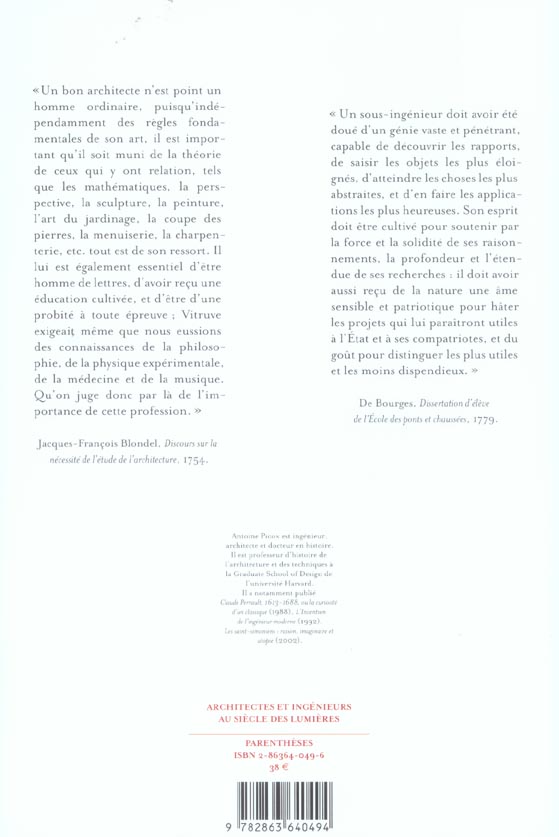 Quatrième de couverture de « ARCHITECTES ET INGENIEURS AU SIECLE DES LUMIERES »
