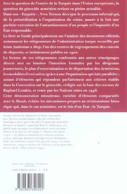Quatrième de couverture de « ENQUETE SUR LA NEGATION D'UN GENOCIDE »