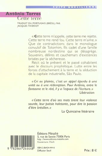 Quatrième de couverture de « CETTE TERRE »