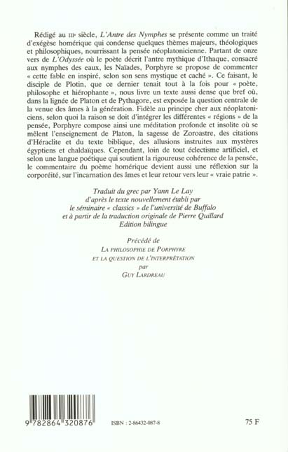 Quatrième de couverture de « L'ANTRE DES NYMPHES DANS L'ODYSSEE »