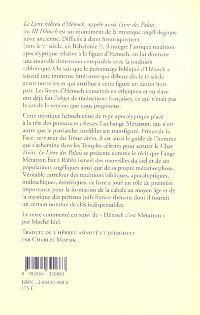 Quatrième de couverture de « LE LIVRE HEBREU D'HENOCH - OU LIVRE DES PALAIS »