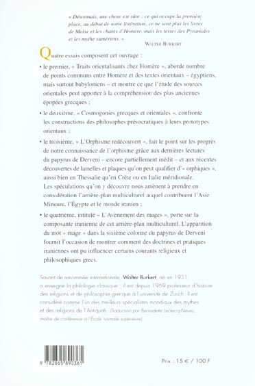Quatrième de couverture de « LA TRADITION ORIENTALE DANS LA CULTURE GRECQUE »